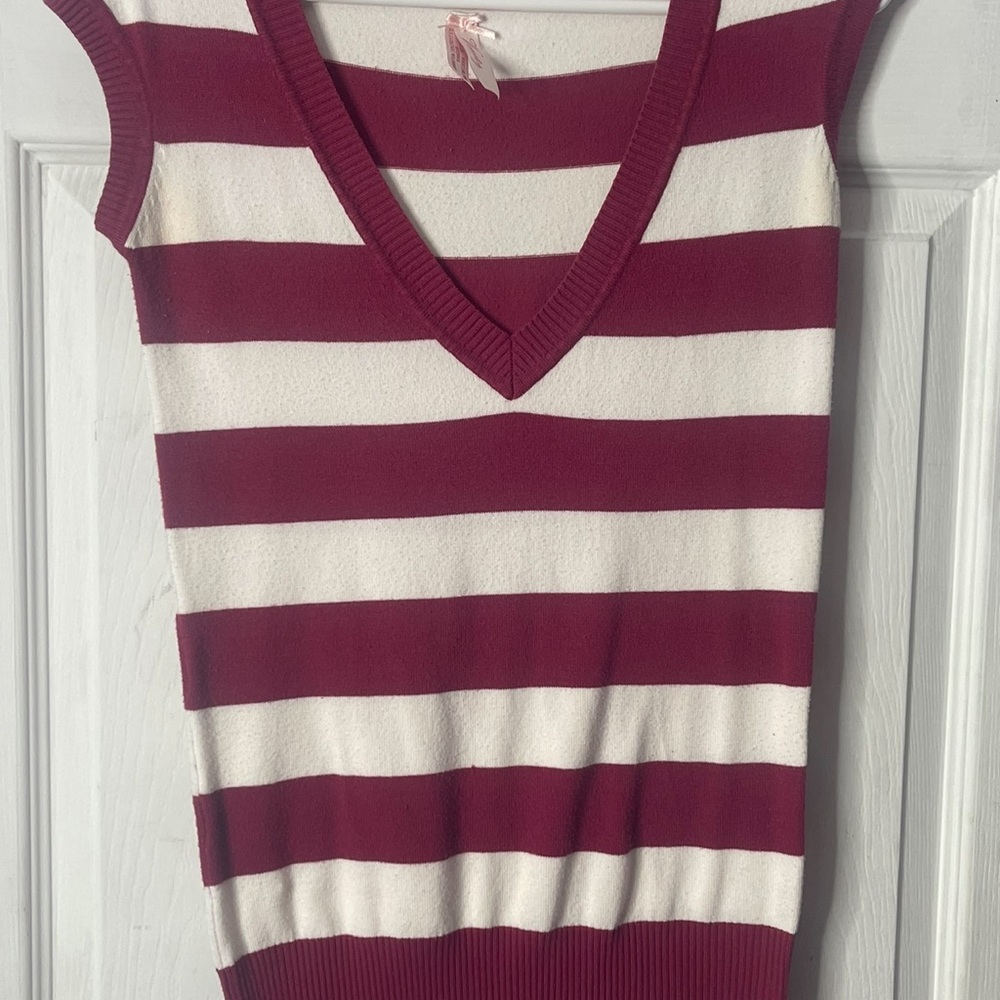 Vanity Burgundy and White Striped V-Neck Top